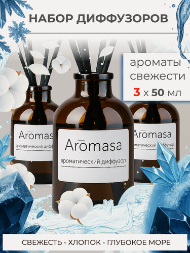 Изображение товара Ароматический диффузор Aromasa / cвежесть, глубокое море, хлопок / на водной основе / 3х50 мл