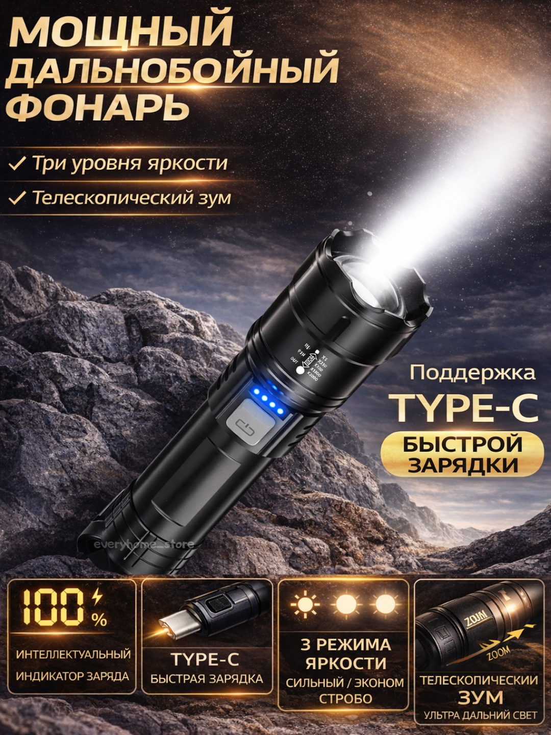 Карманный фонарик, для путешествий, охоты, рыбалки, тактический, светодиодный, водостойкий