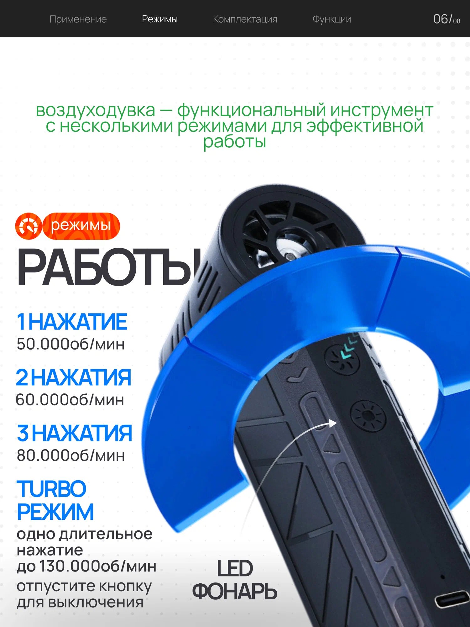 Воздуходувка, турбовентилятор, для мангала, с подсветкой, 110000 об/мин, черный, 5 насадок — фото 1