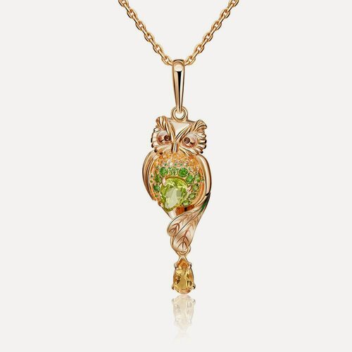 Изображение товара Подвеска, красное золото, 585 проба, хромдиопсид, эмаль, хризолит