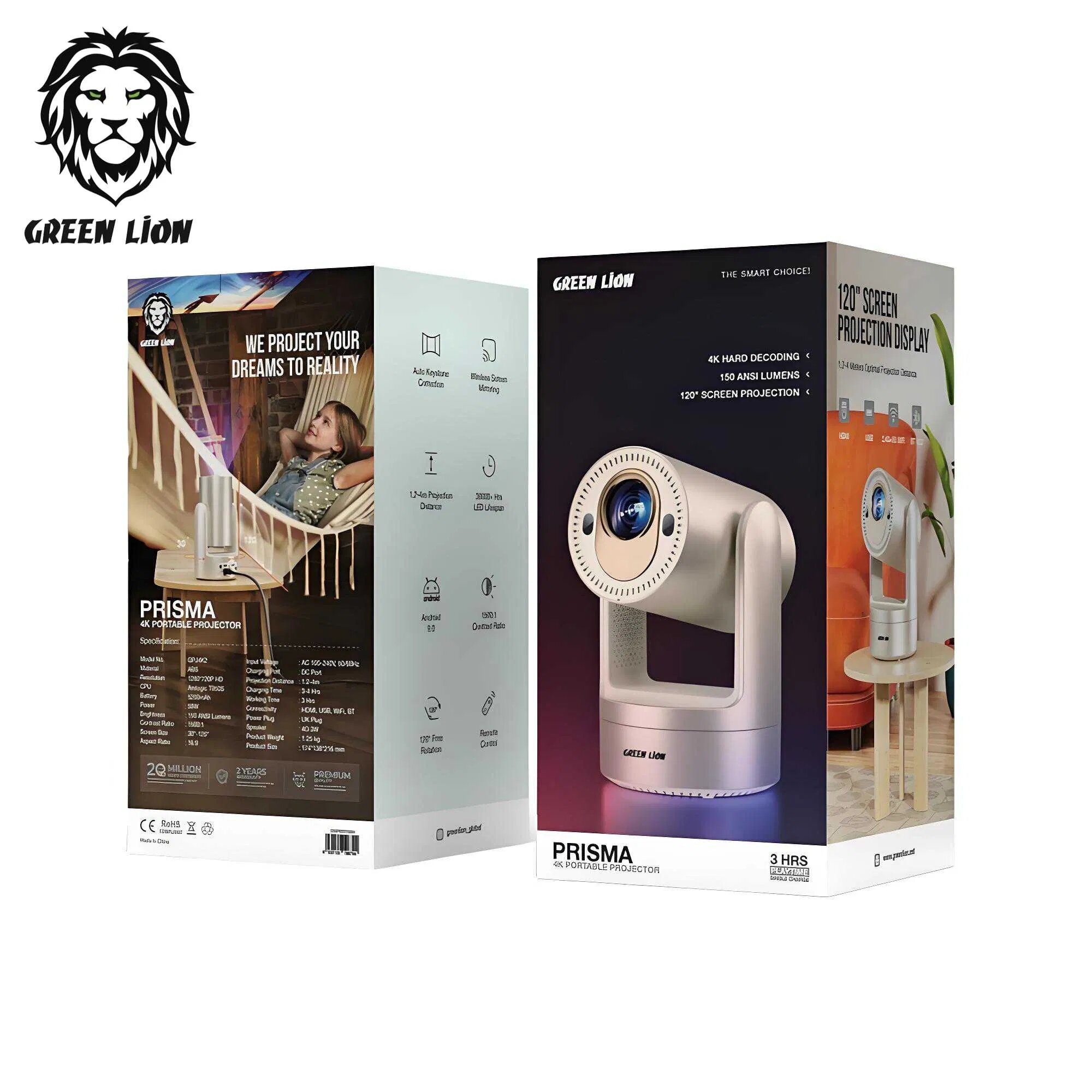 Green Lion Prisma проектор 5200mAh: 150 ANSI лм, проекция 30–120", HD 1280×720, декодирование 4K, до 3 ч работы