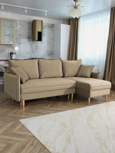 Изображение товара Диван-кровать угловой Фьорд с оттоманкой бежевый, правый угол, механизм Тик-так, 216х145х95 см