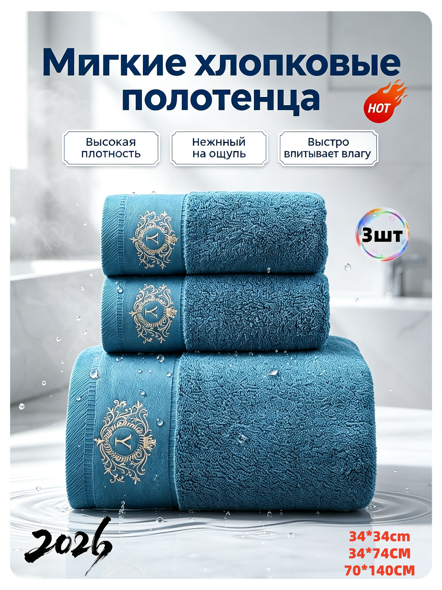 Полотенце，Набор полотенец, жаккардовые, хлопок, 3 шт, темно-синего цвета