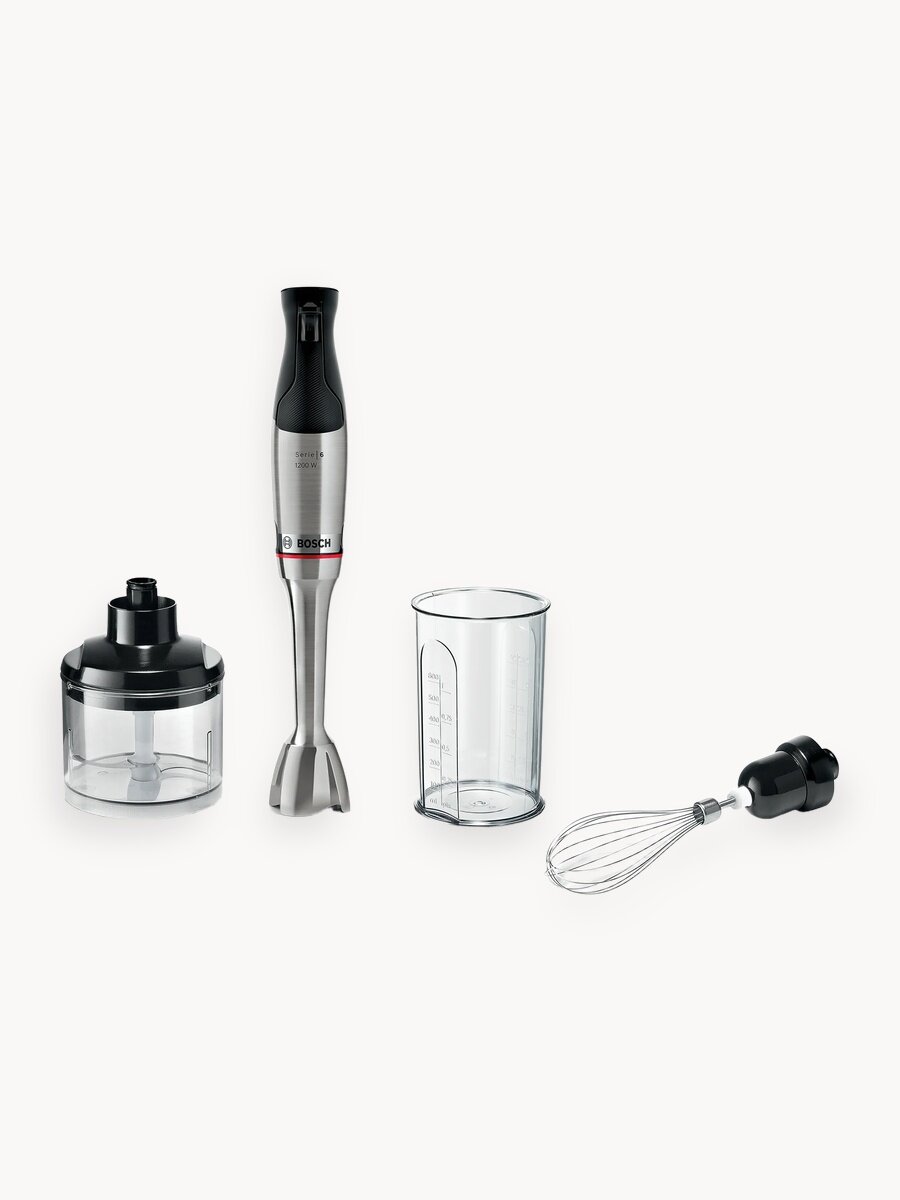 Bosch Блендер погружной MSM6M821, 1200 Вт, 3 насадки, 4 лезвия QuattroBlade, керамическая муфта, Soft-Touch, серый