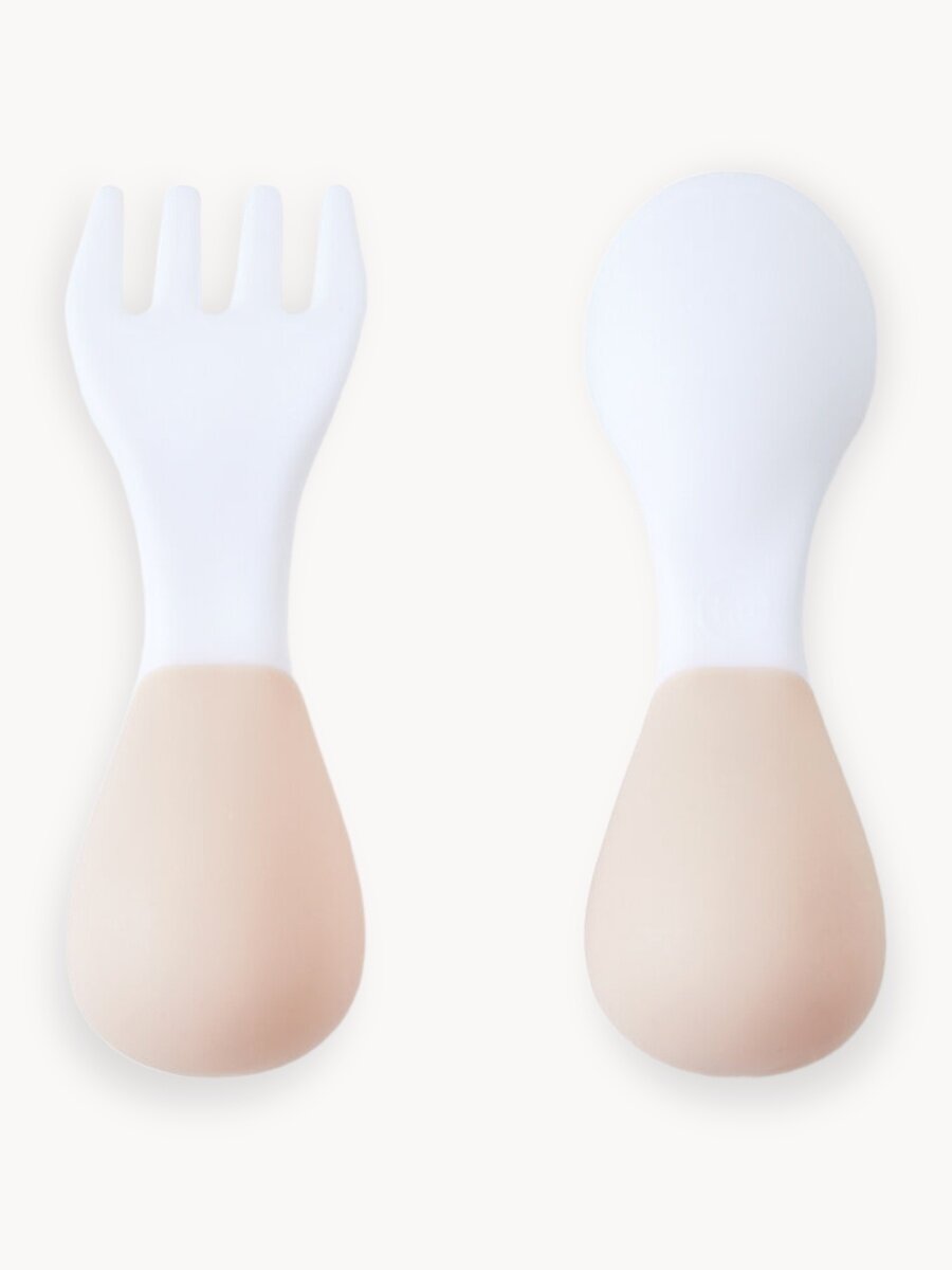 15060, Набор детских столовых приборов Happy Baby, ложка и вилка для кормления, посуда для детей, бежевая, белая