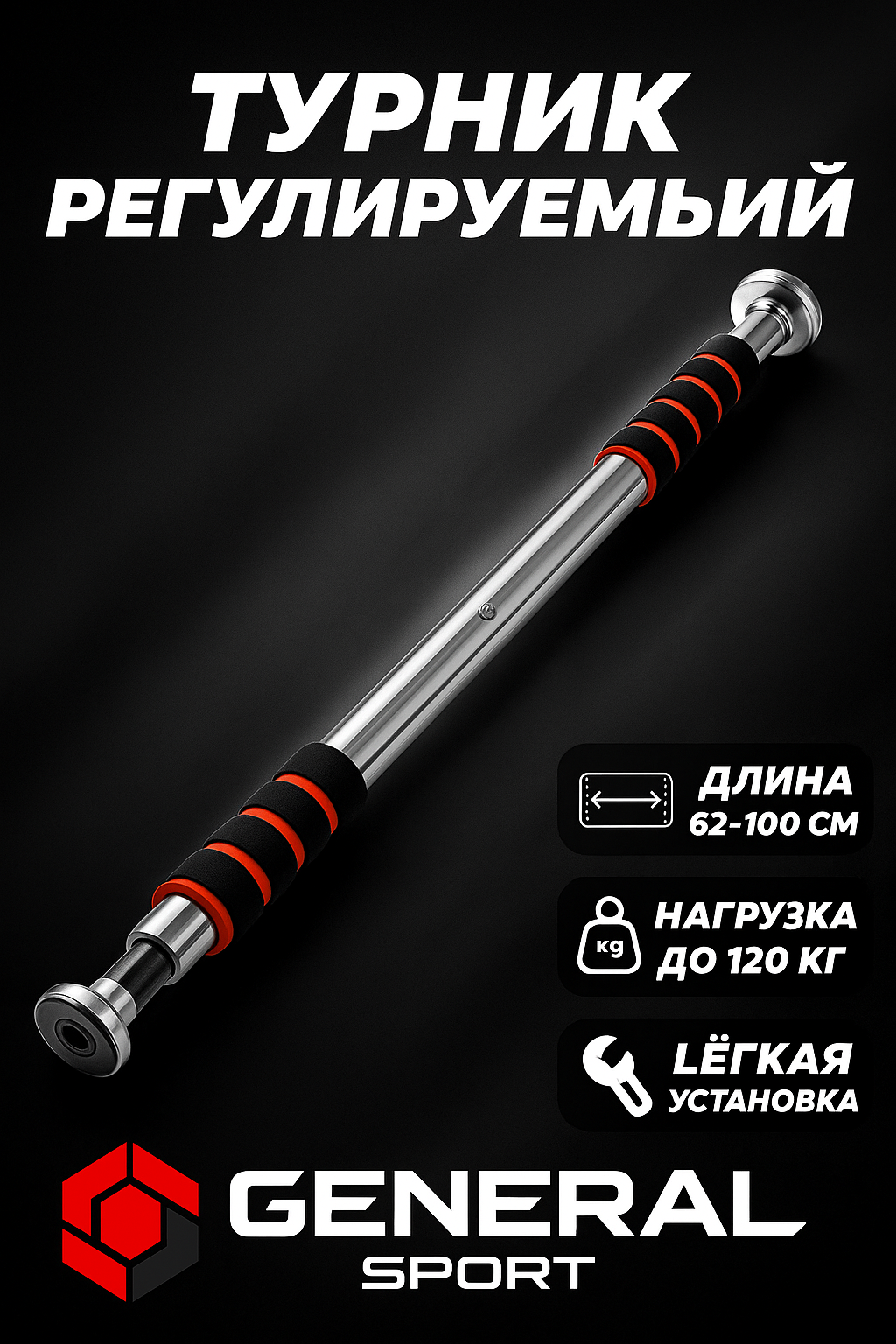 Турник General Fitness, съемный, межстенный, 120кг, цвет хром