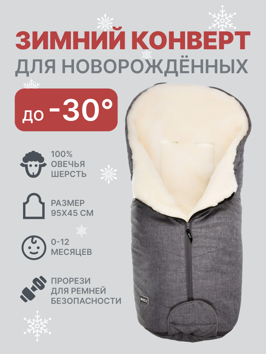 Конверт для новорожденных из стриженой овчины BOZZ серый меланж/белый