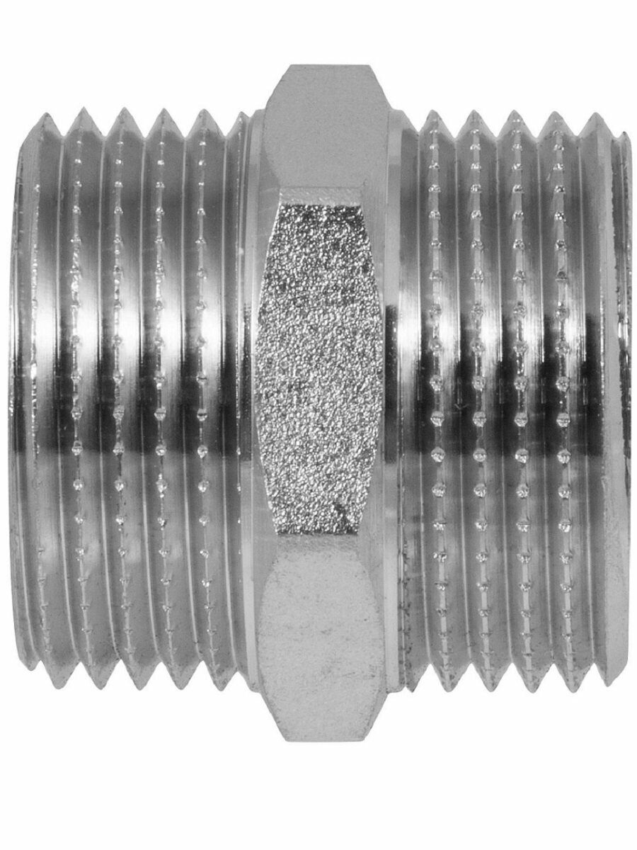 Ниппель (бочонок) латунный никелированный 1" н/н MPF, антикоррозийное покрытие — фото 1