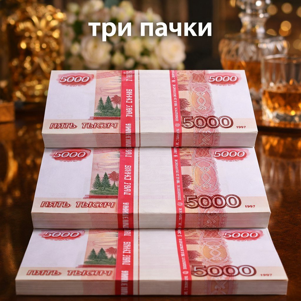 Набор 3 пачки купюр 5000 рублей.