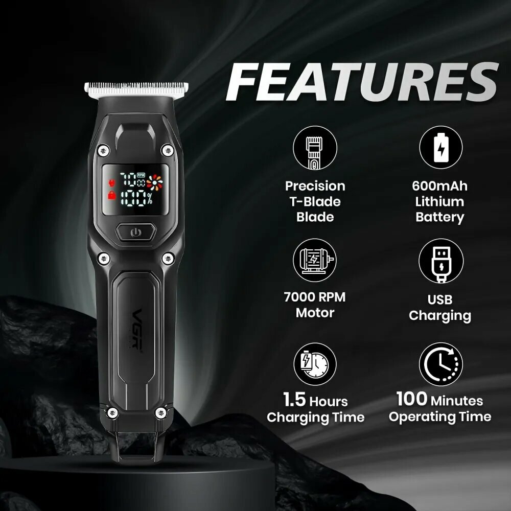 Беспроводная машинка триммер для стрижки волос и бороды VGR с LCD дисплеем