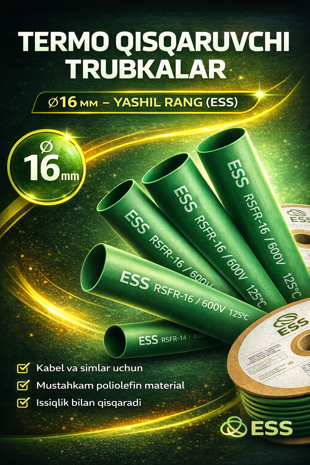 Термоусадочные трубки ESS, зеленый, диаметр 16 мм, длина 1 м