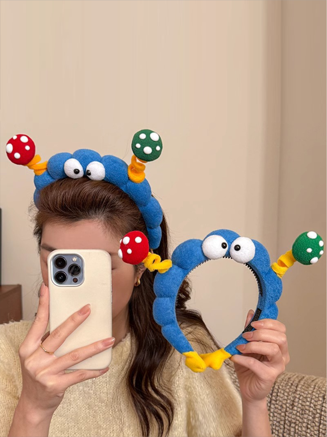 Ободок "Грибочки", с глазками, текстиль, универсальный размер, синий — фото 1