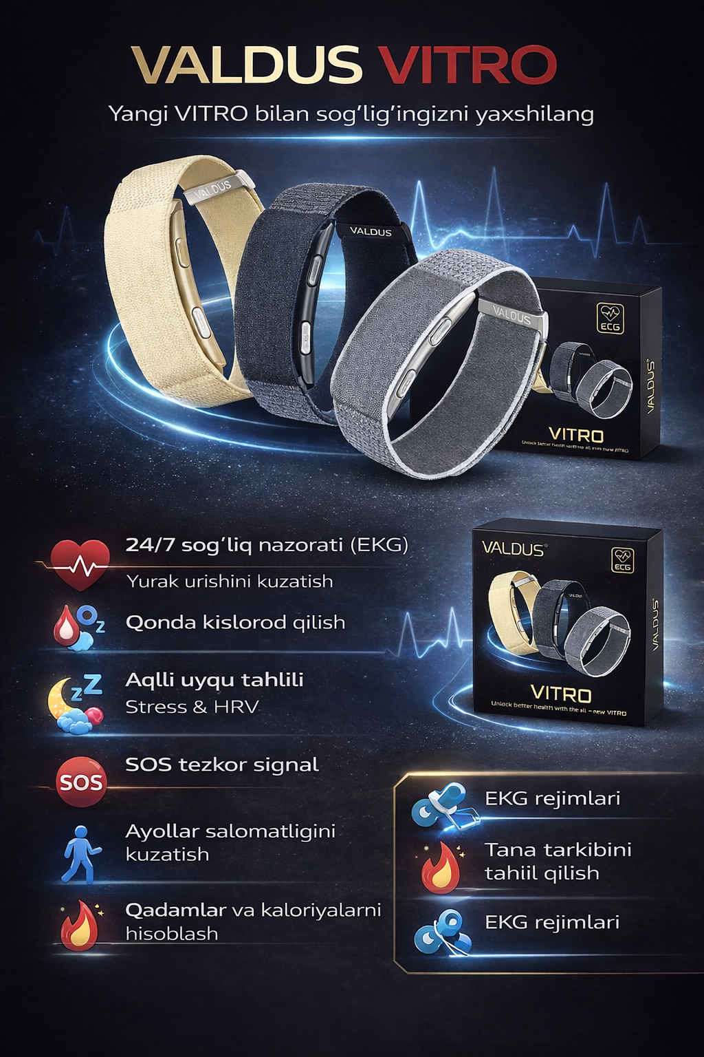 VALDUS VITRO Умный браслет – мониторинг здоровья, сна и давления-Приложение полностью бесплатное Подписка не требуется.