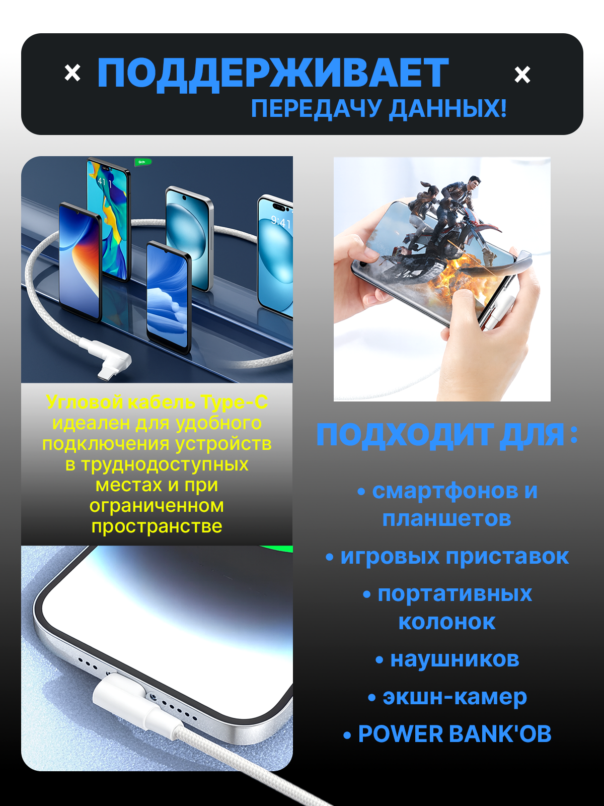 Кабель угловой USB Type C 1 метр для зарядки и передачи данных — фото 1