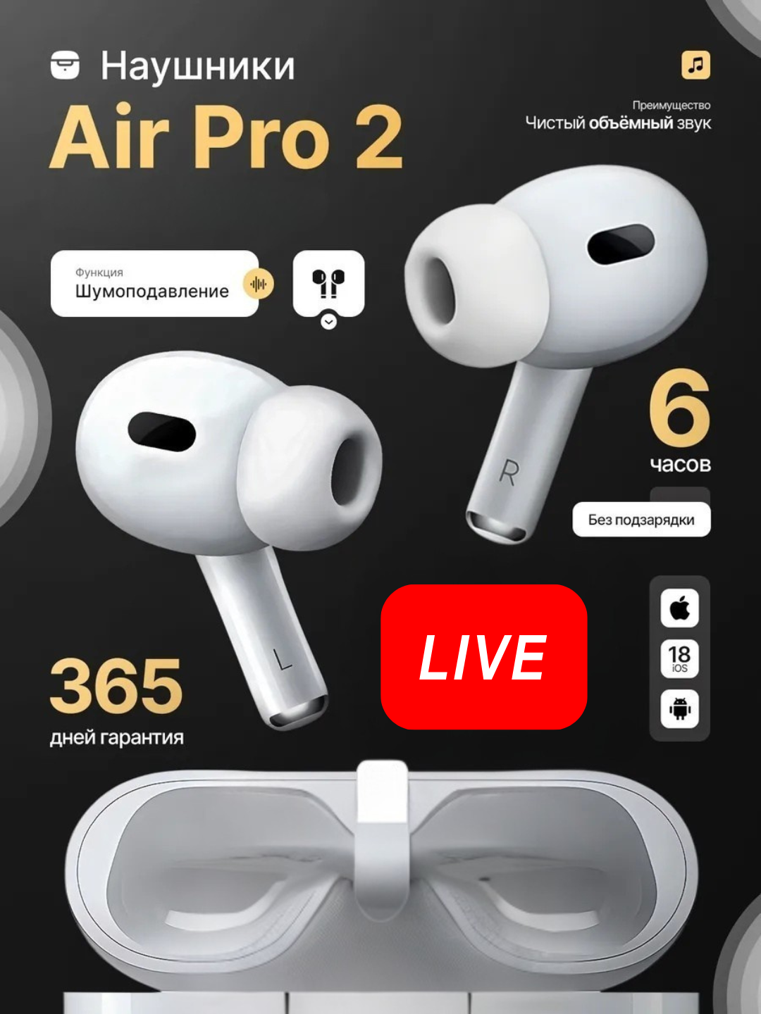 Наушники Pro 2, Bluetooth 5.0, система активного шумоподавления