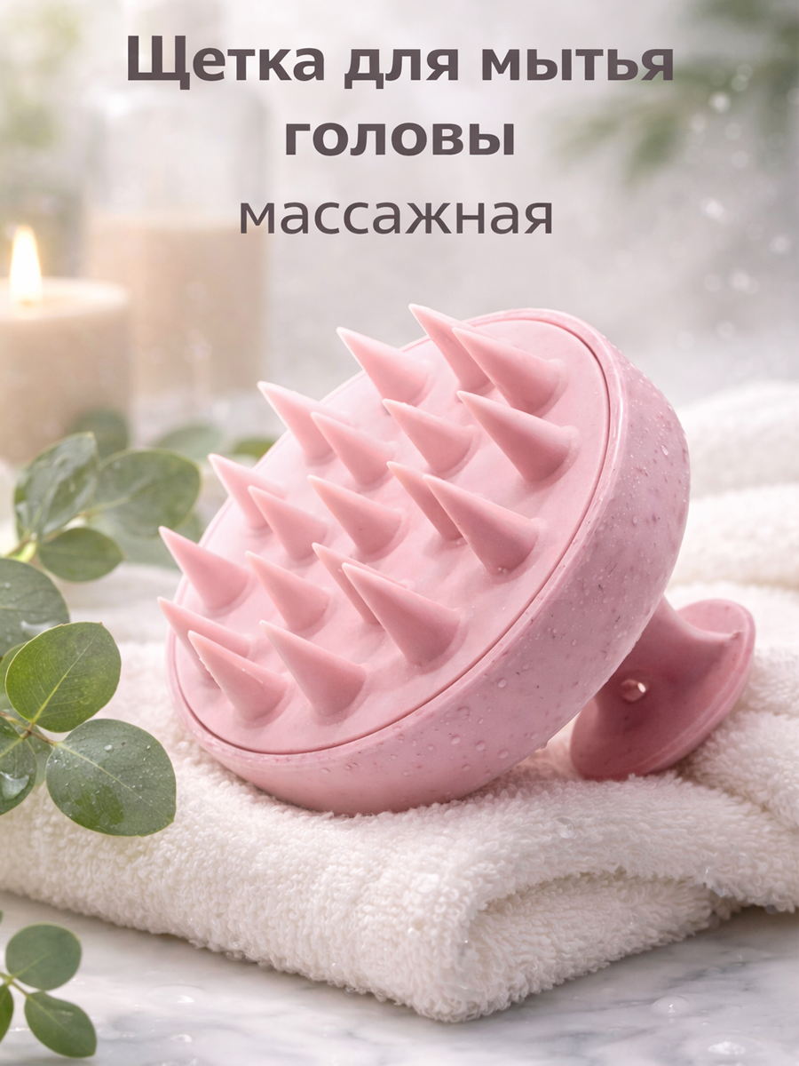 Силиконовая массажная щетка для мытья головы и волос (розовая) / массажер для головы и волос