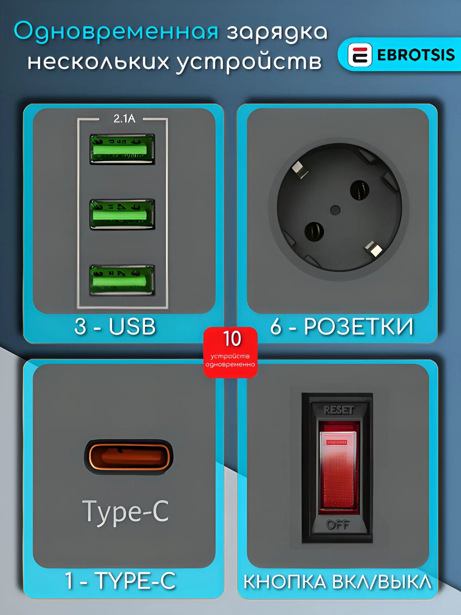 Сетевой фильтр с USB-удлинителем и Type-C, 3 розетки, 2 метра, 2500 Ватт — фото 1