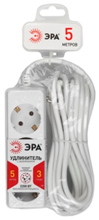 Сетевой удлинитель ЭРА U-3e-5m с зазeмл, 3x0.75мм2, 3гн, 5м белый