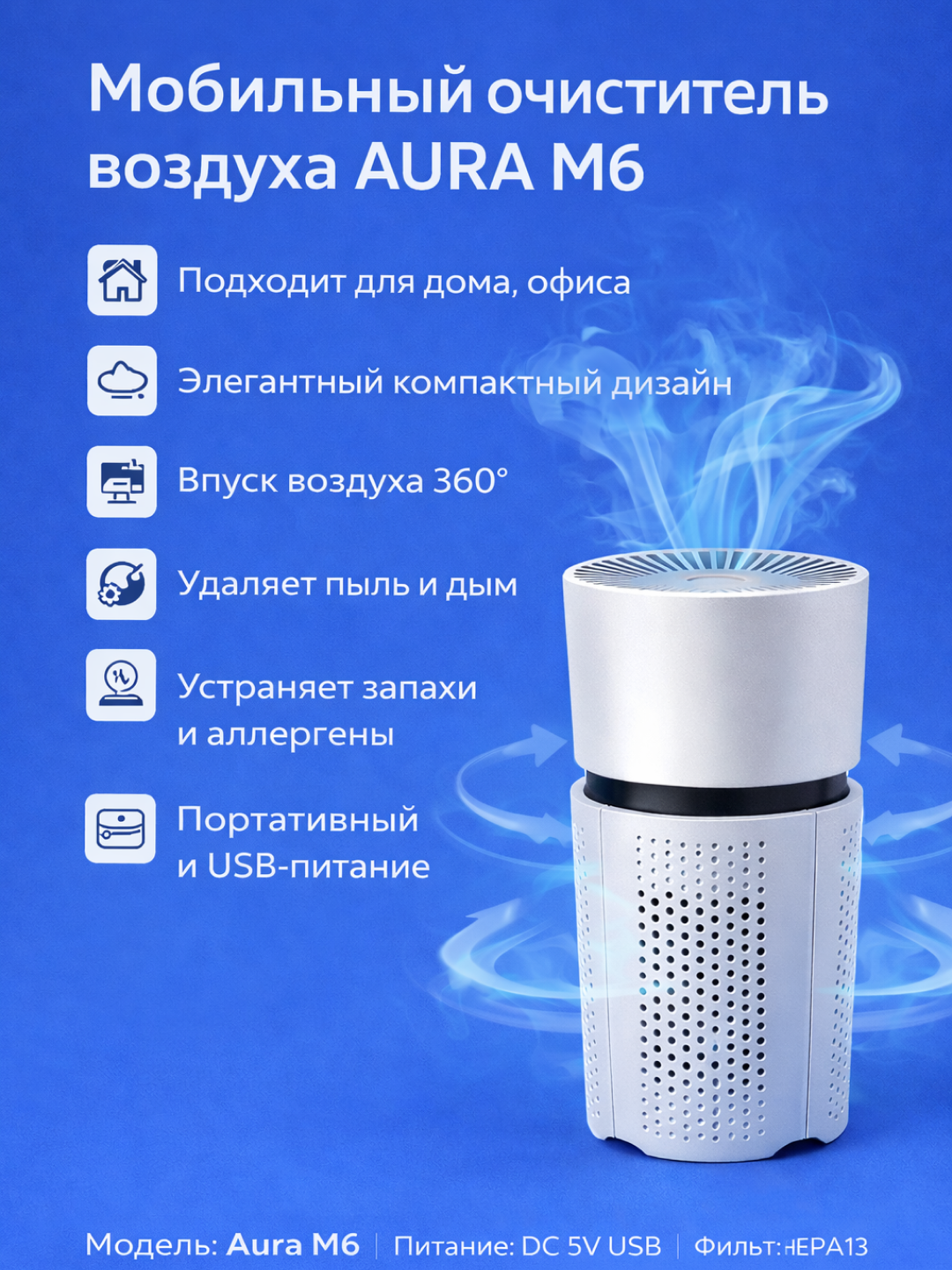 Мини очиститель воздуха AURA M6 для авто и дома с фильтром HEPA 13