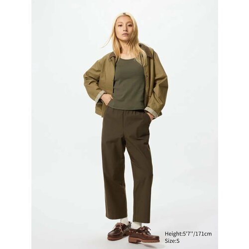 фото Брюки багги uniqlo cotton relaxed ankle pants, размер l, темно-коричневый