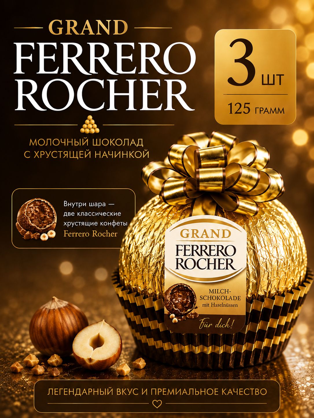 Молочный шоколад Grand Ferrero Rocher в форме шара, 3 шт. по 125г.