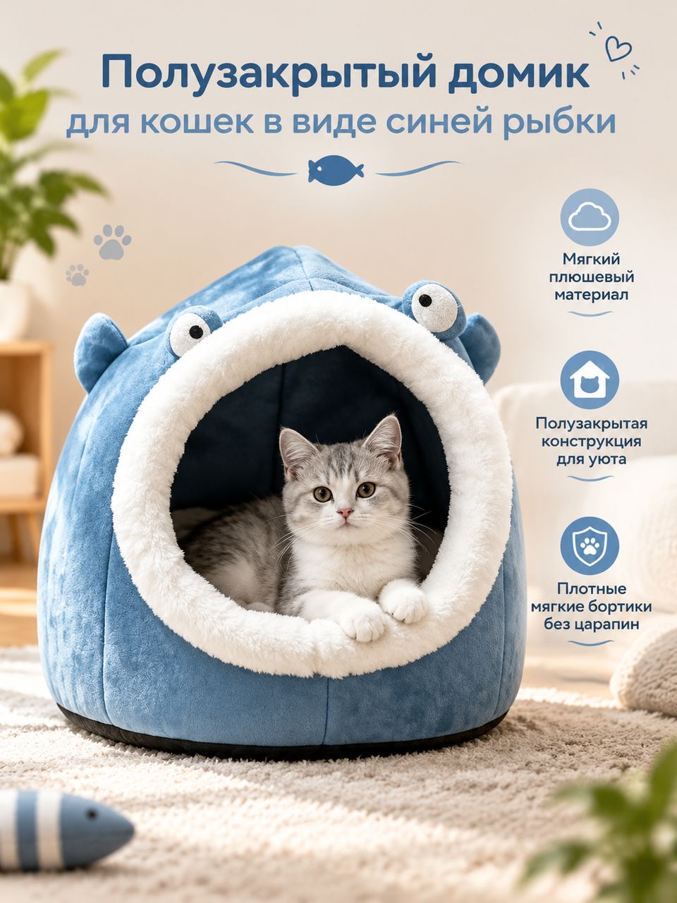 Полузакрытый плюшевый домикпещера для кошек в виде синей рыбки, уютная теплая лежанка для питомцев