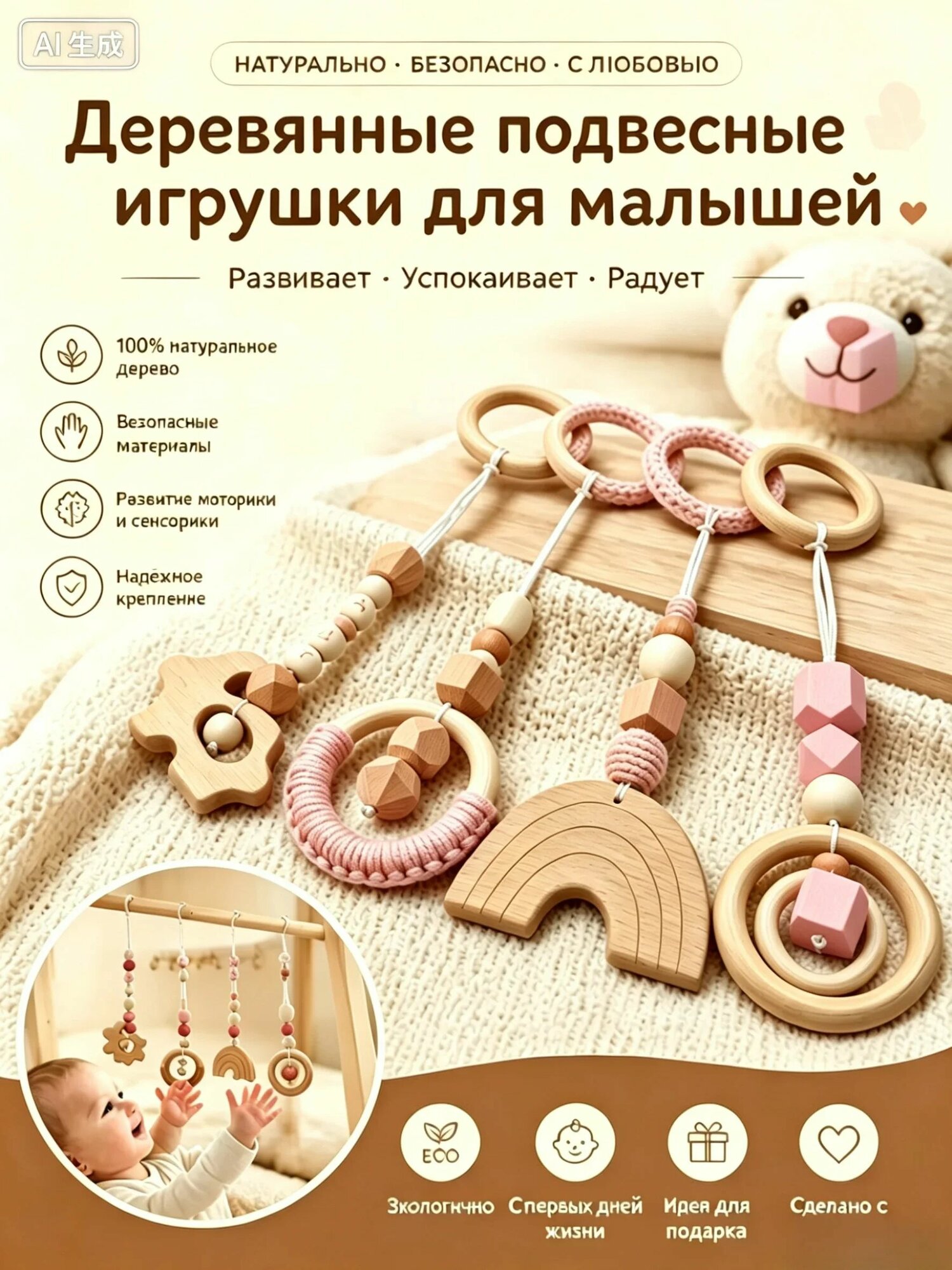 Подвесы для стойки-тренажера Монтессори. 4 штуки<текстовый редактор> Развивающая подвеска-игрушка на кроватку Зайка с бусинами и прорезывателем для малышей от 0+