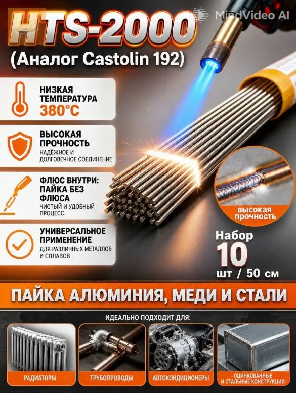 Припой для сварки алюминия без аргона HTS-2000 (10 шт): низкотемпературные электроды для горелки, пайка меди и стали.