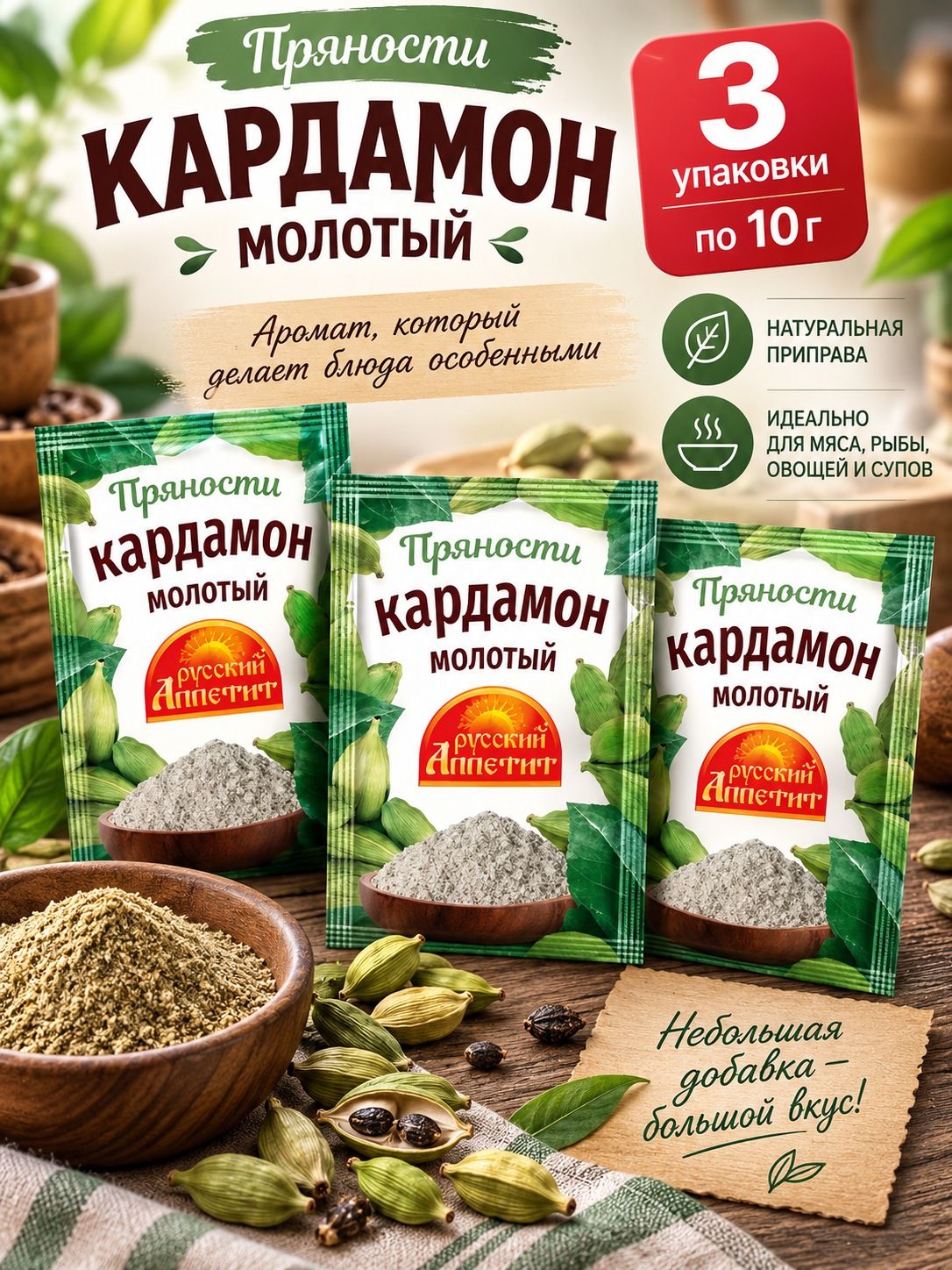 Набор приправ Кардамон сушеных молотых 3 шт по 10 г, специя для мяса, рыбы, овощей и супов