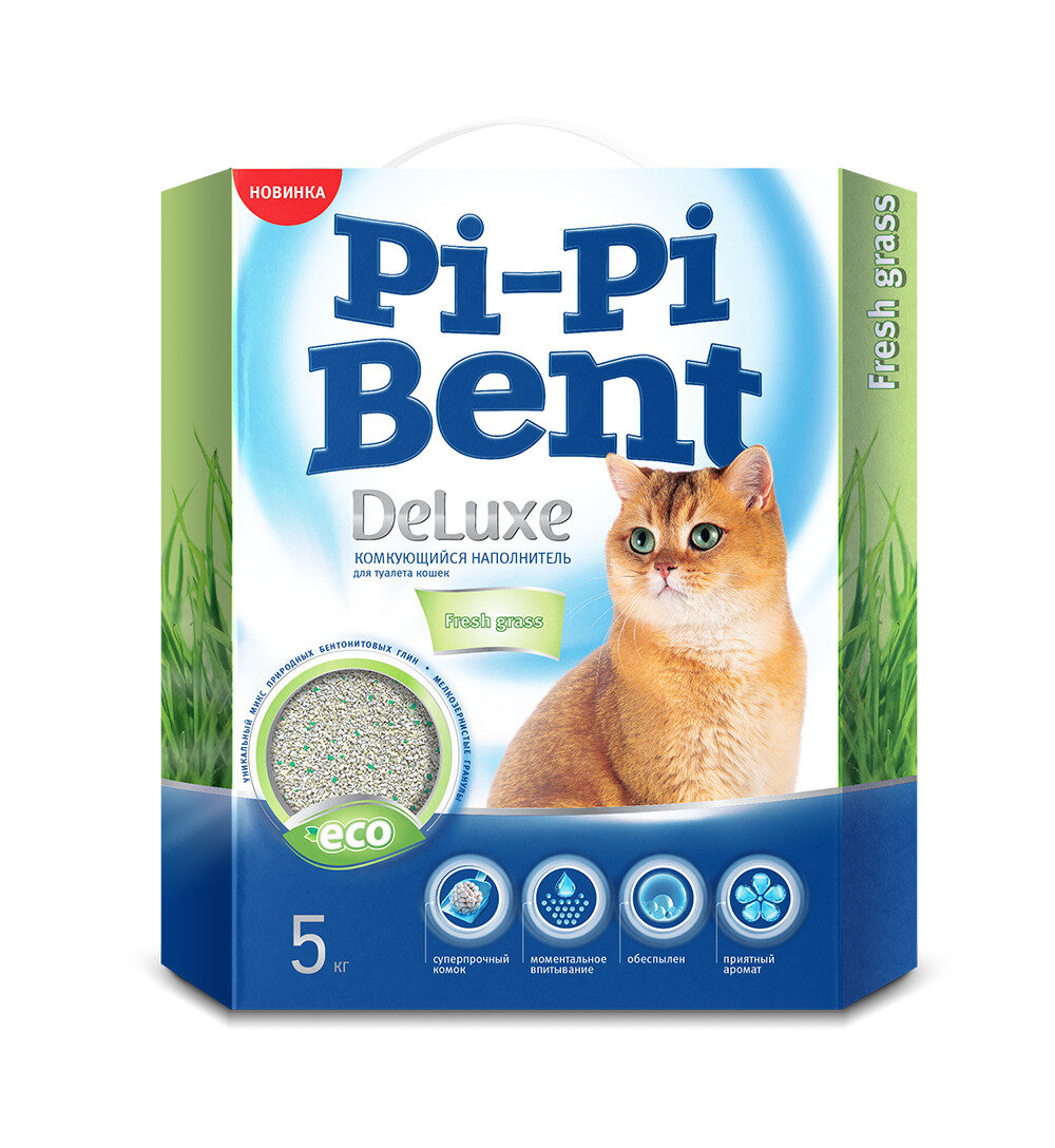 Наполнитель Pi-Pi Bent DeLuxe Fresh grass комкующийся для кошек 5кг