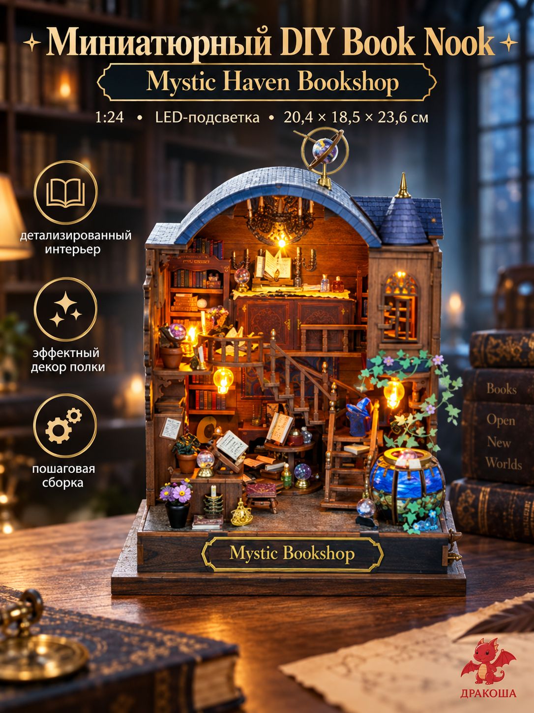 Румбокс Book Nook миниатюрная библиотека DIY набор для сборки с LED подсветкой 1 24