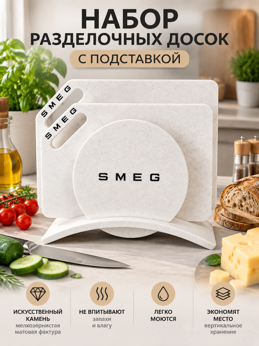 Набор разделочных досок с подставкой, искусственный камень, 31х22 см, белый, 3 доски