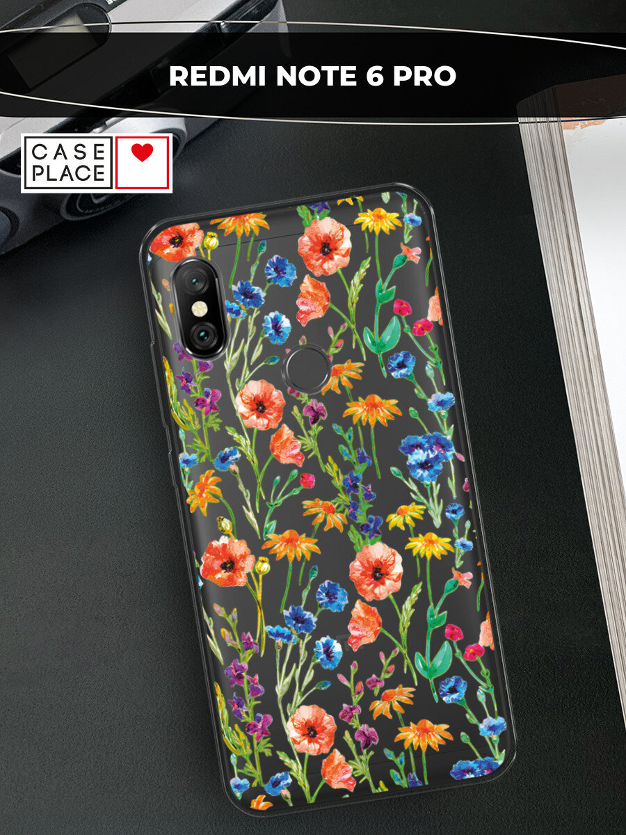 Чехол на Xiaomi Redmi Note 6 Pro / Сяоми Редми Нот 6 Про с принтом Маки и васильки фон, прозрачный