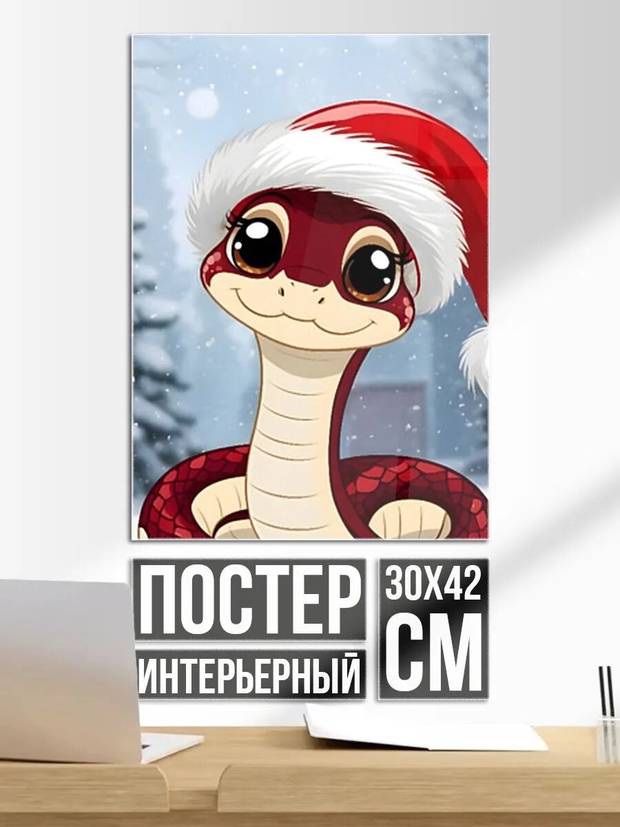 Постер на стену Змейка в шапочке в снегу