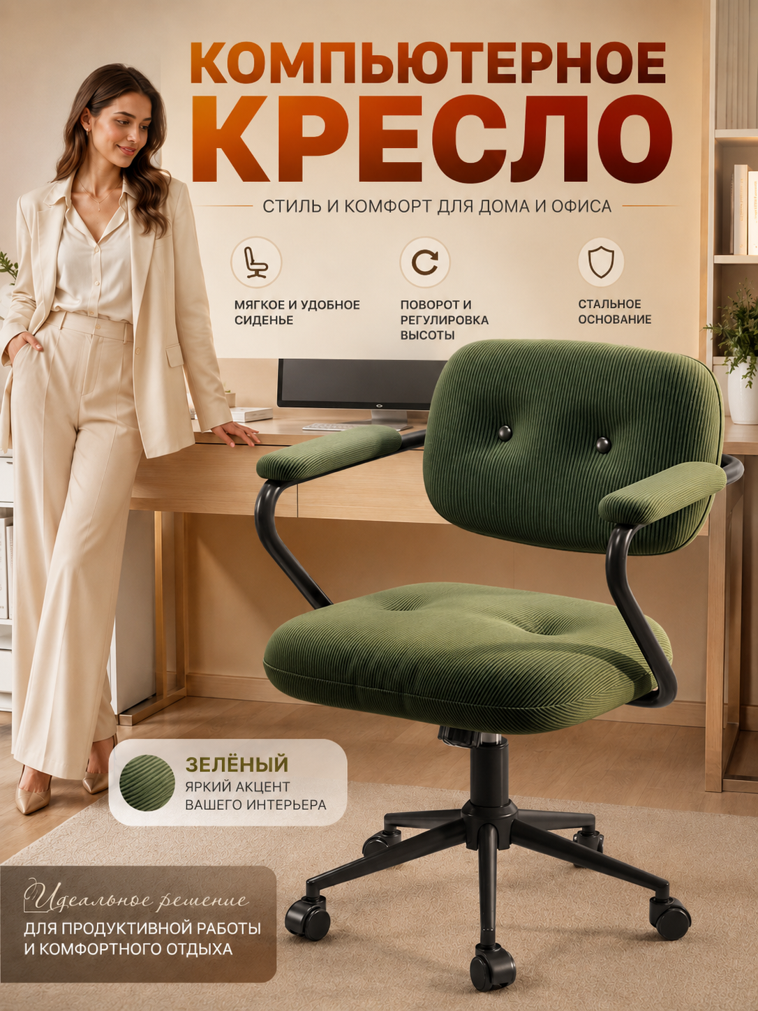 Желтое велюровое с подлокотниками, поворот 360°, регулировка высоты сиденья, удобная мебель для учебы и домашней работы