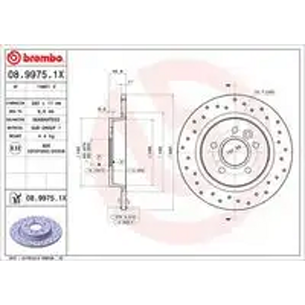 BREMBO 08.9975.1X (0899751X) диск тормозной Volvo (Вольво) v40 cross country (526) t5 2013-2015 (Комплект 2 штуки)