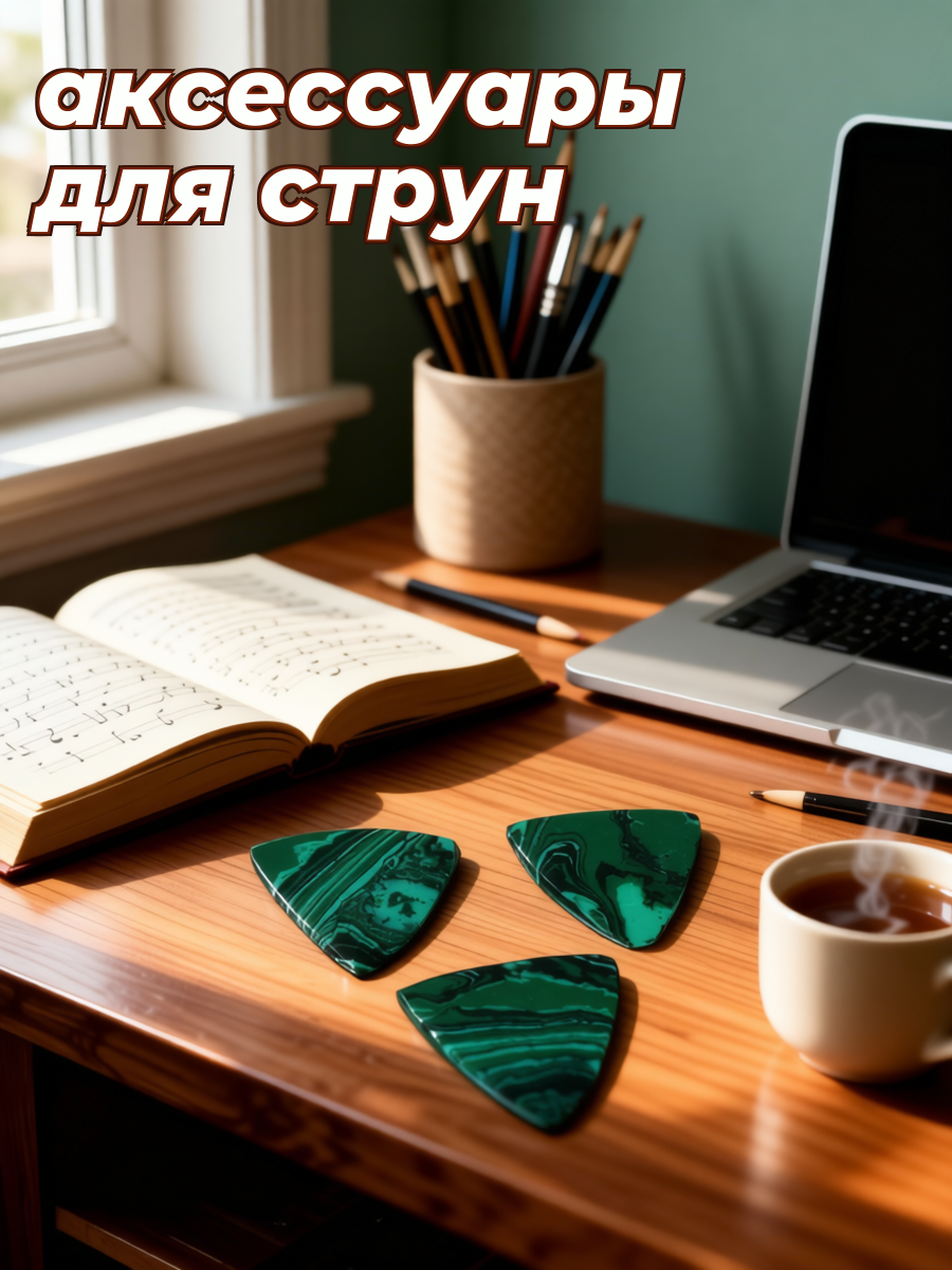 Набор из 3 штук перьев для гитары из натурального камня сине-зелёного цвета 2.80x2.70x0.20cm