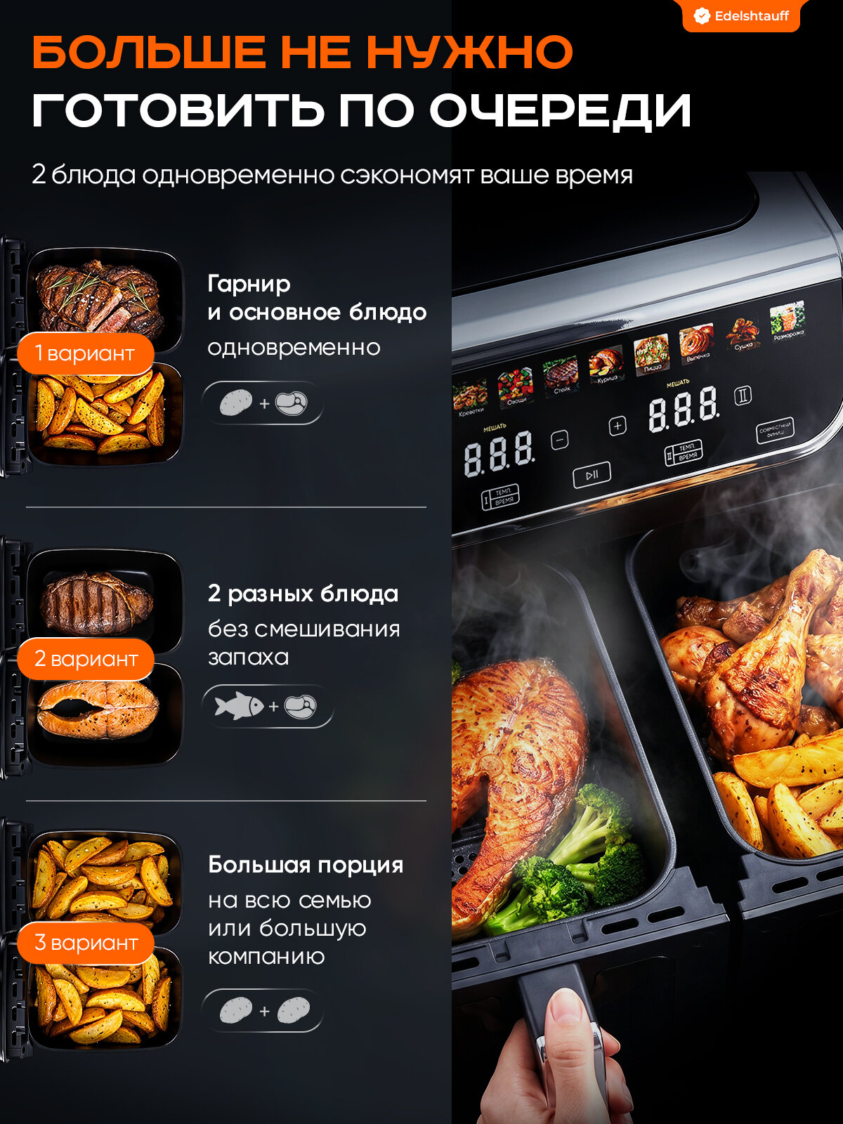 Аэрогриль с двумя чашами 10 л, 2 ТЭНа, 3400 Вт, 12 режимов, смотровые окна Edelshtauff AF-200 — фото 1