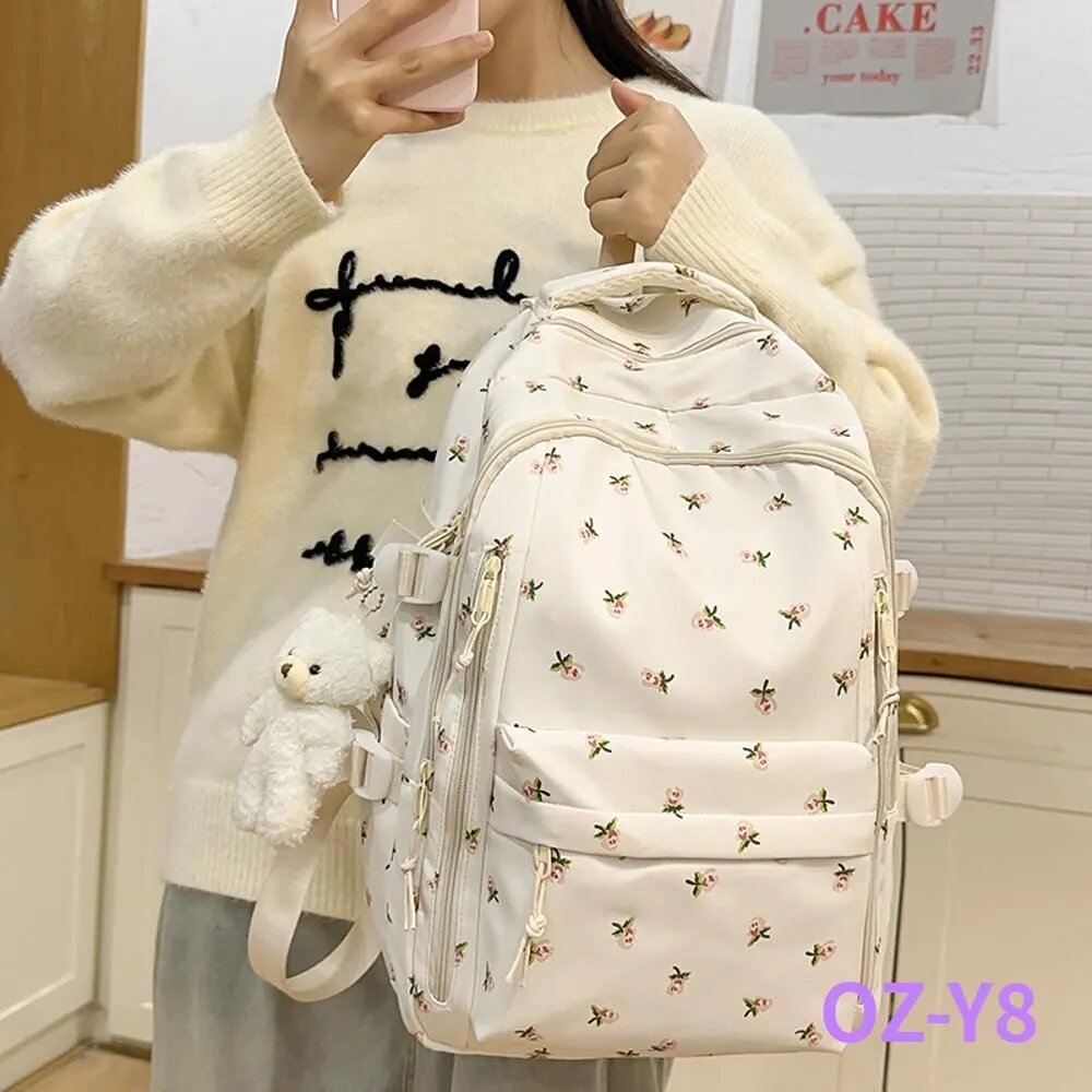 Milochic Рюкзак женский нейлоновый с цветочным принтом, 43x30x18 см, вмещает А4, регулируемые лямки, для школы и на каждый день — фото 1