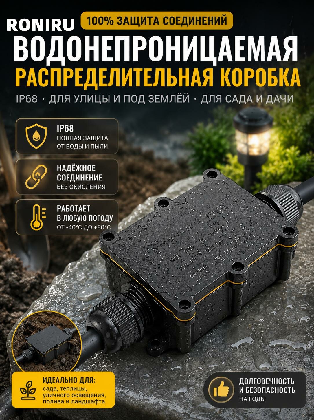Водонепроницаемая распределительная коробка IP68 с двумя головками для защиты кабеля на улице и под землёй для сада