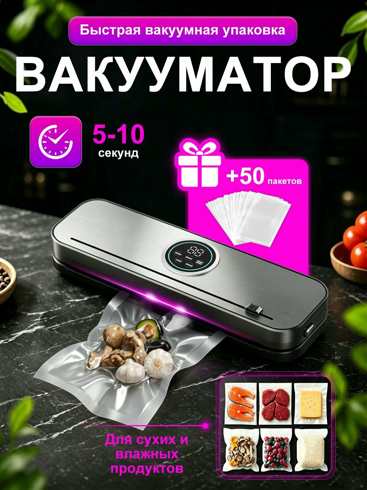 Вакууматор для продуктов с резаком и запайкой пакетов + 50 пакетов в подарок + шланг для вакуумирования