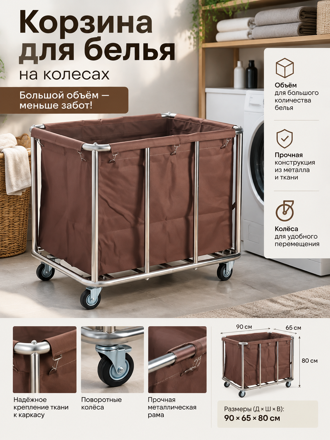 Корзина для белья прямоугольной формы на колесах, 90 × 65 × 80 см