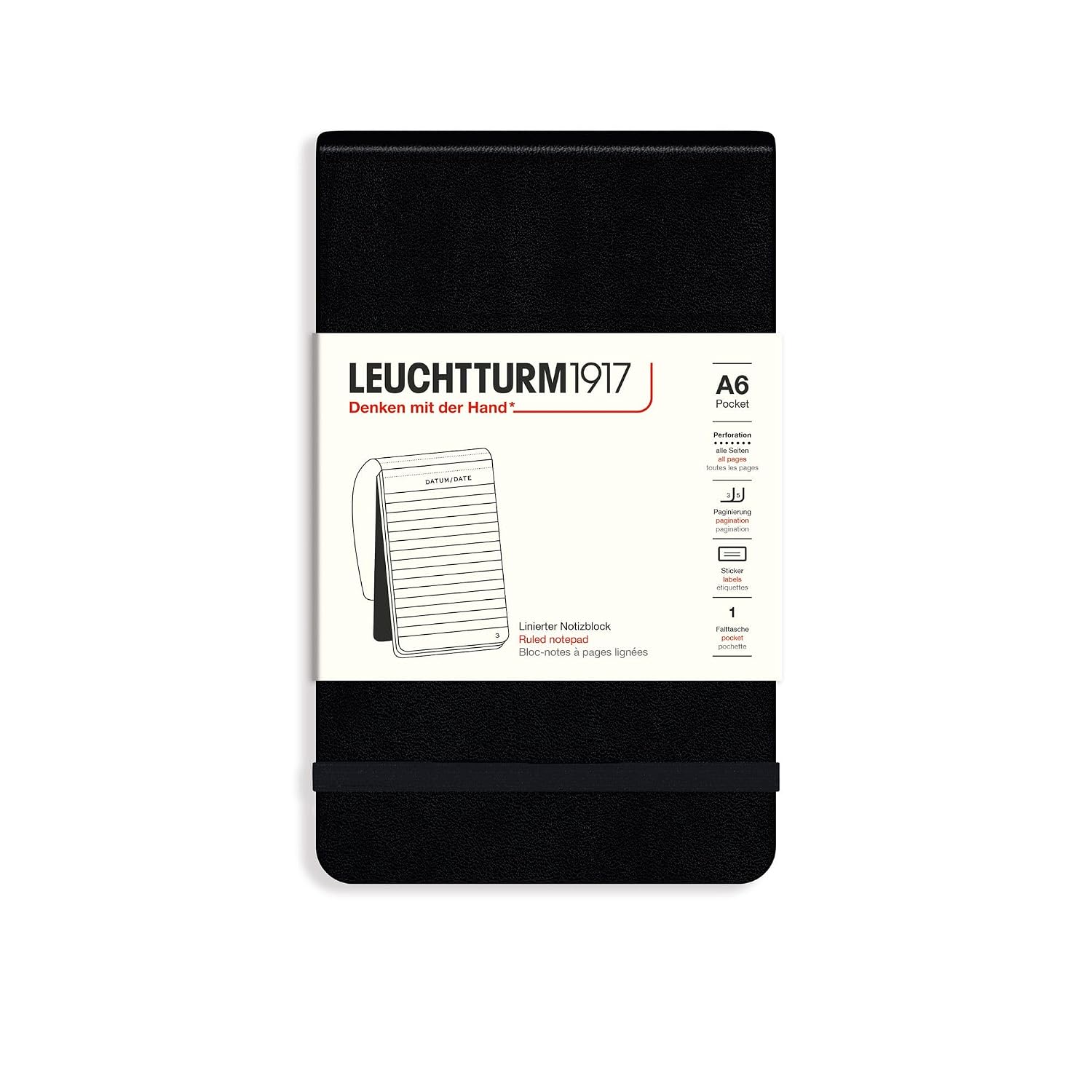 Блокнот вертикальный Leuchtturm1917 формат А6, в линейку, 184 страниц, твердая обложка, цвет Black