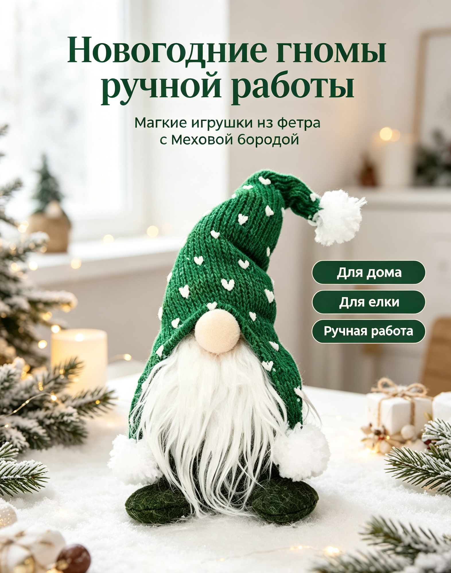Новогодние гномы ручной работы для украшения дома и елки, мягкие игрушки из фетра с меховой бородой