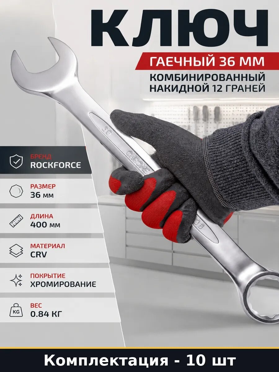 Набор 10 шт Ключ слесарный 36 мм комбинированный хром прямой