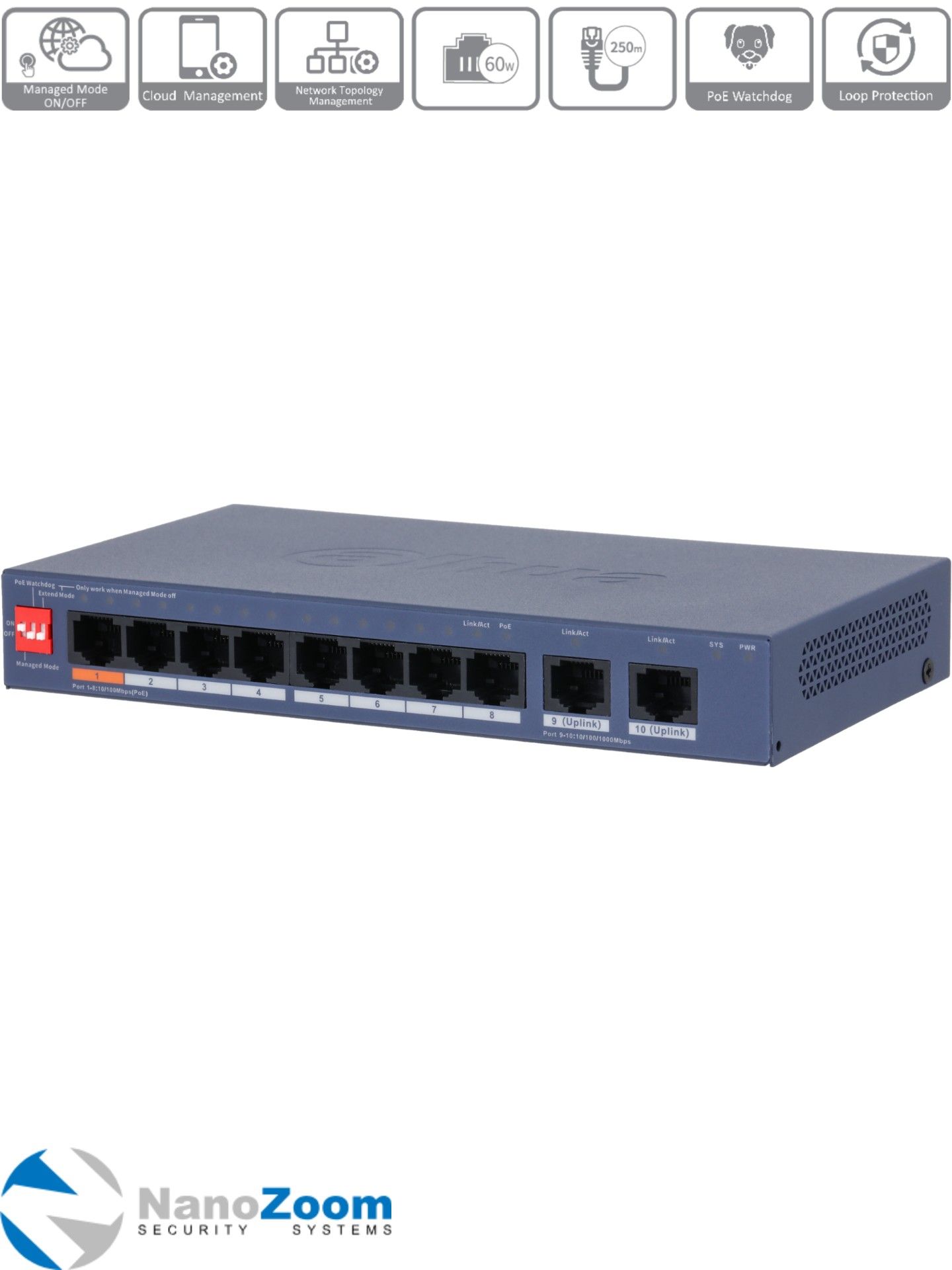 Dahua DH-CS4010-8ET2GT-60 10-портовый управляемый коммутатор 8 POE 10/100 Мбит/с + 2 Uplink 10/100/1000 Мбит/с, 60 Вт POE-бюджет, для видеонаблюдения, свитч с Watchdog для IP-камер