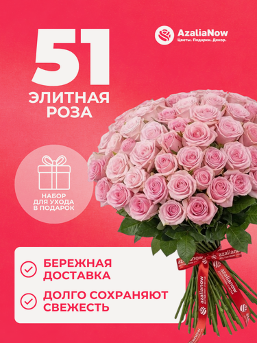 Изображение товара Букет живых цветов из 51 розовой розы 40 см высшего сорта под ленту от АзалияНау