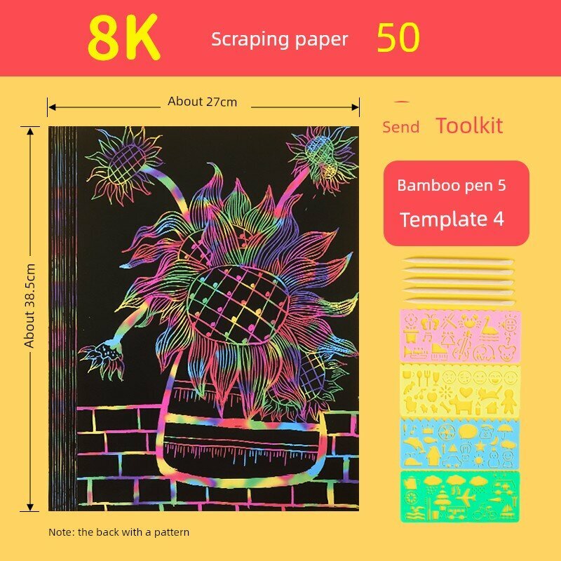 8K Скретч-бумага, 50 листов с 5 карандашами и шаблоном, набор для детского творчества