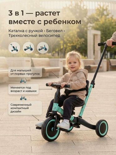 Изображение товара Детский беговел-велосипед 4в1 с родительской ручкой, зеленый с рисунком - TR007-CYAN-PAINT