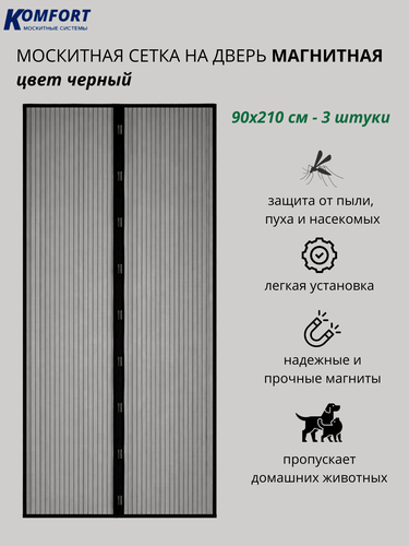Изображение товара Москитная сетка занавес на дверь магнитная 90*210 см черная 3 шт